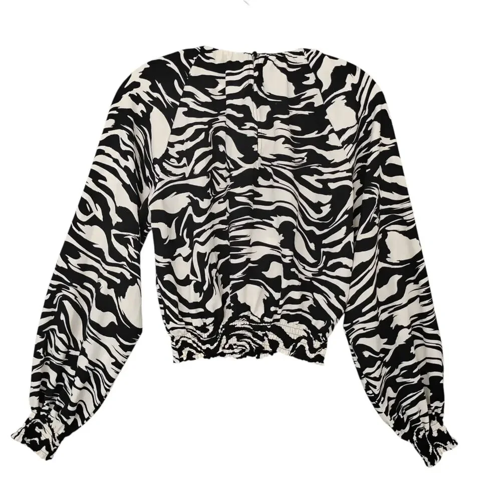 H&M Animal Print Blouse Size XS Black & Beige Balloon Long Sleeve Elastic Waist - Picture 4 of 9